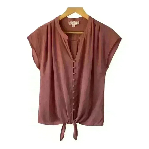 Pink Rose Women's Short‎ Sleeve Button Front Tie Waist Pink Coral Blouse Medium - Picture 1 of 12